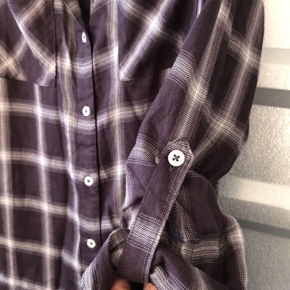 Francescas blue rain button up shirt small long sleeve plaid purple light ti - Picture 6 of 11